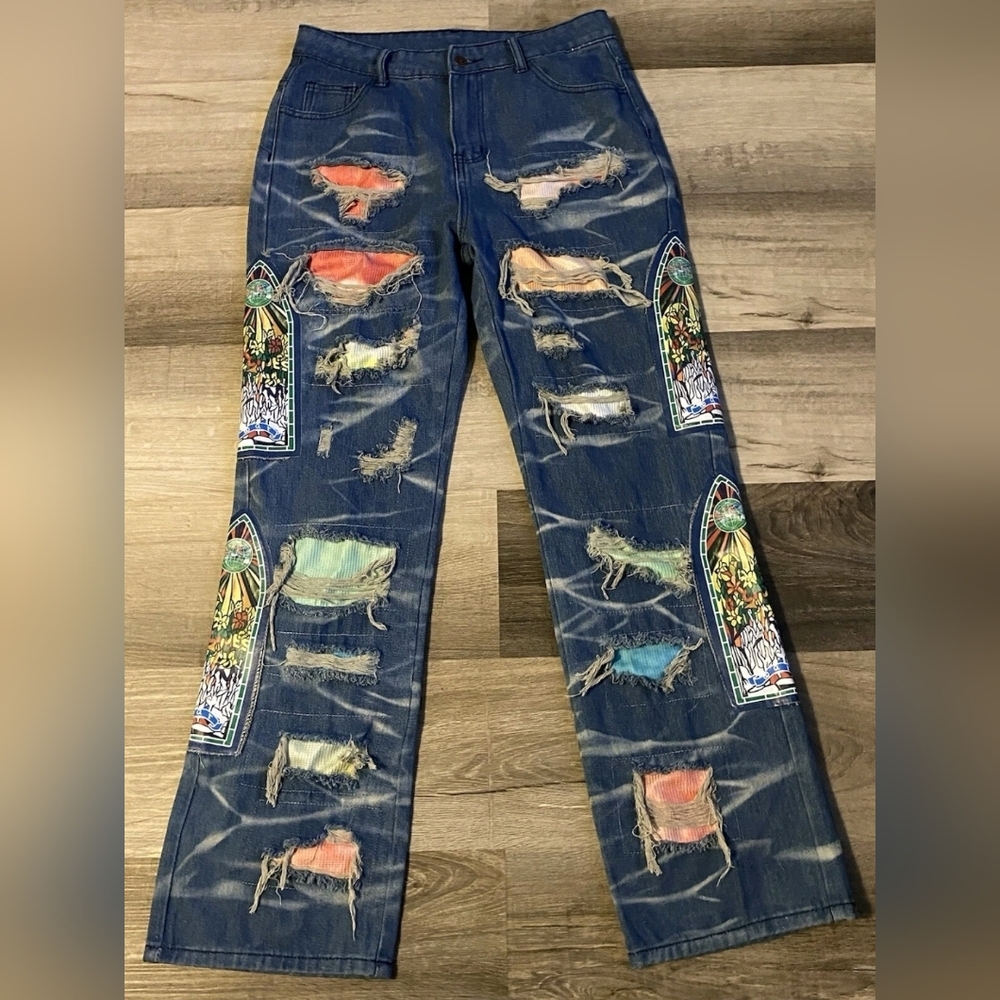 Patch Ripped Jeans Fluffy Flip Flops, Ragged Street Style, S. No Stretch. - Picture 5 of 9
